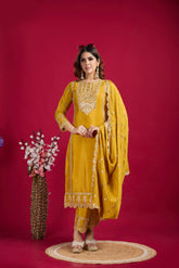 Presenting Pure Heavy Chinnon Silk Embroidery Coding Sequence Work Yellow color Top-Bottom
